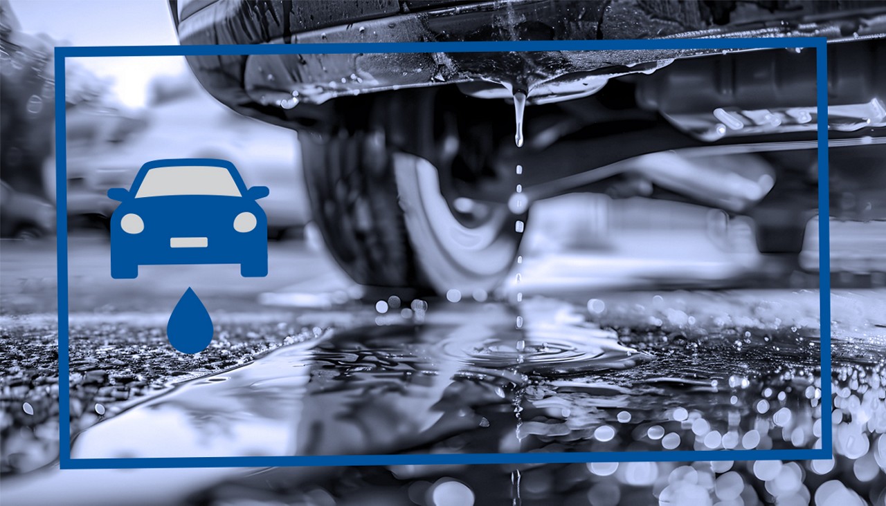 A graphic overlay of a leaking car on top of a black and white car that has a leak.
