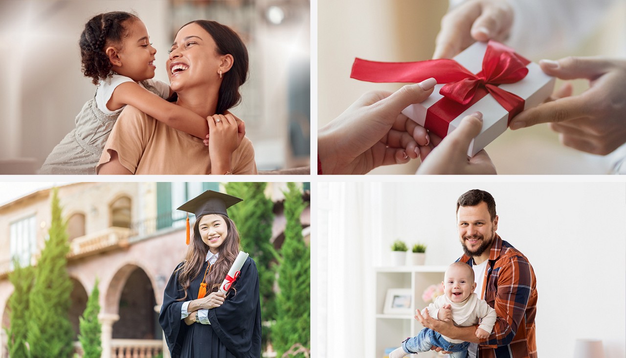 A collage of pictures with a Mom, Dad and graduate.